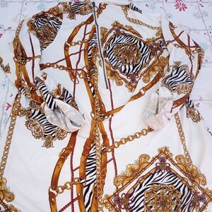 Buckle Black M White Chain Printed Longsleeves Half Front Zipper Women's Top